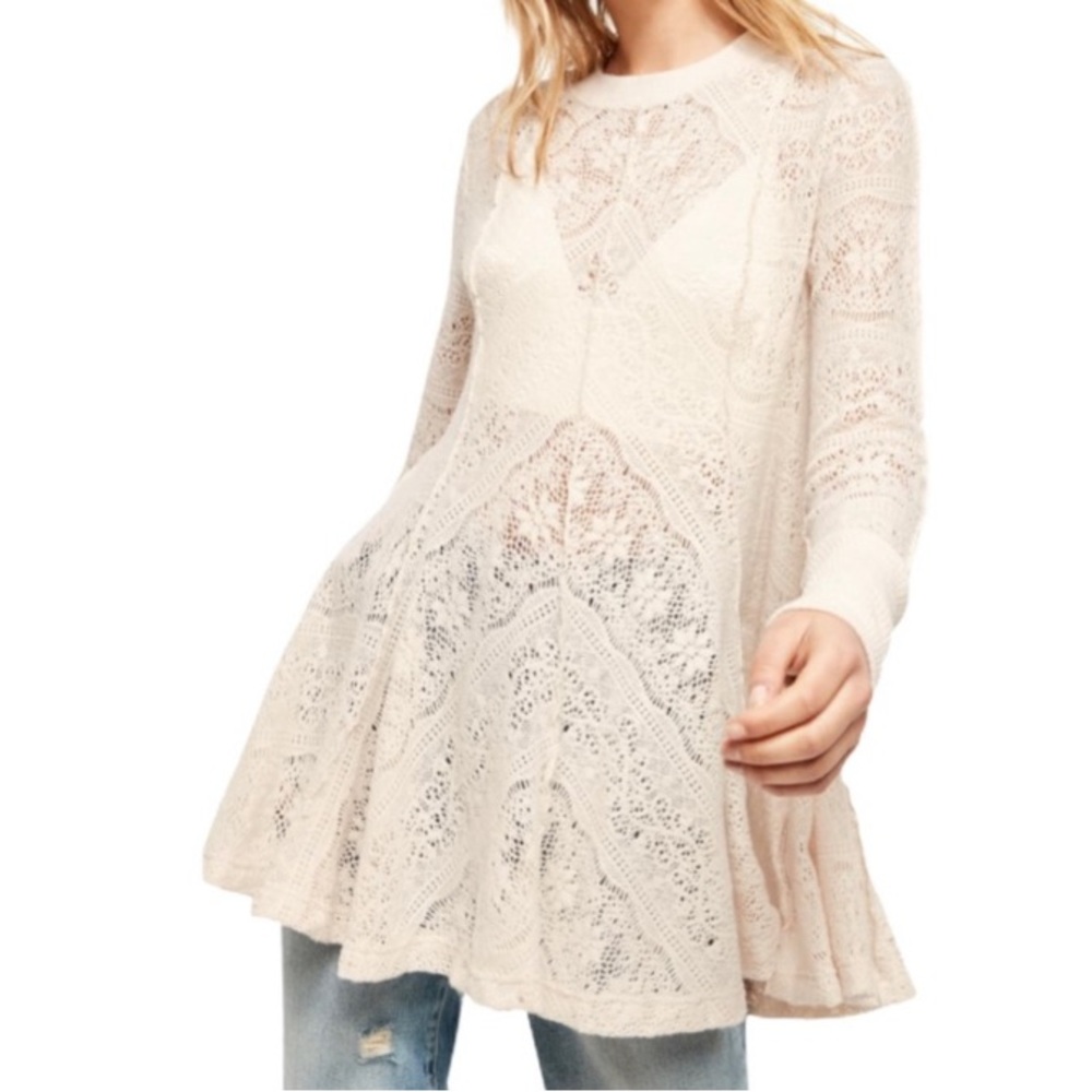 NWT Free People Lace crochet knit Coffee in the Morning Tunic, Chamoix, size S